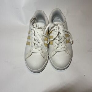 Size 7 Women's ADIDAS Neo Cloudfoam White 3 Gold Stripe Sneakers CG5884
